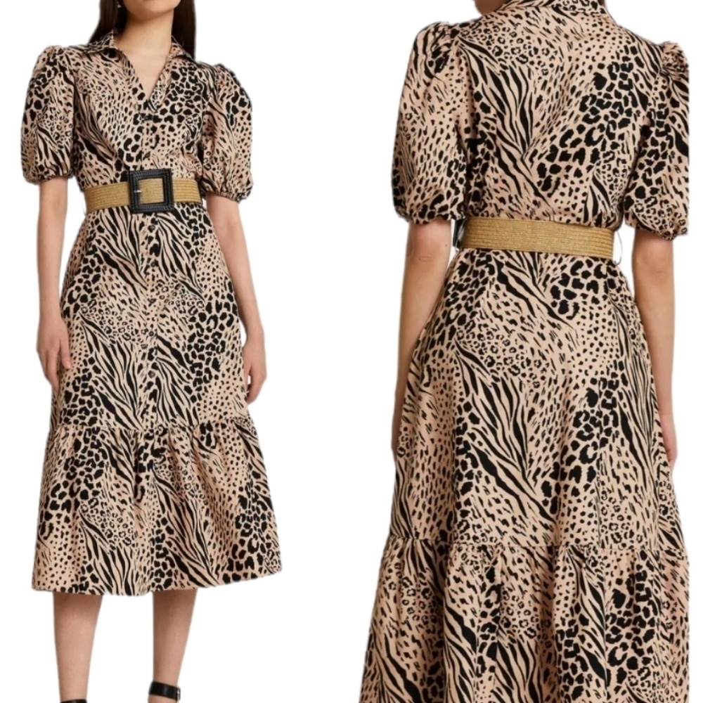 Nwt RIVER ISLAND Mixed Animal Print Belted Cotton Shirtdress Sz 6 Balloon Sleeve